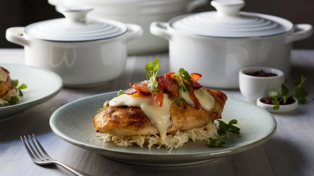 A skillet with seasoned chicken breasts cooking, topped with cheese and bacon, for the Alice Springs Chicken recipe.