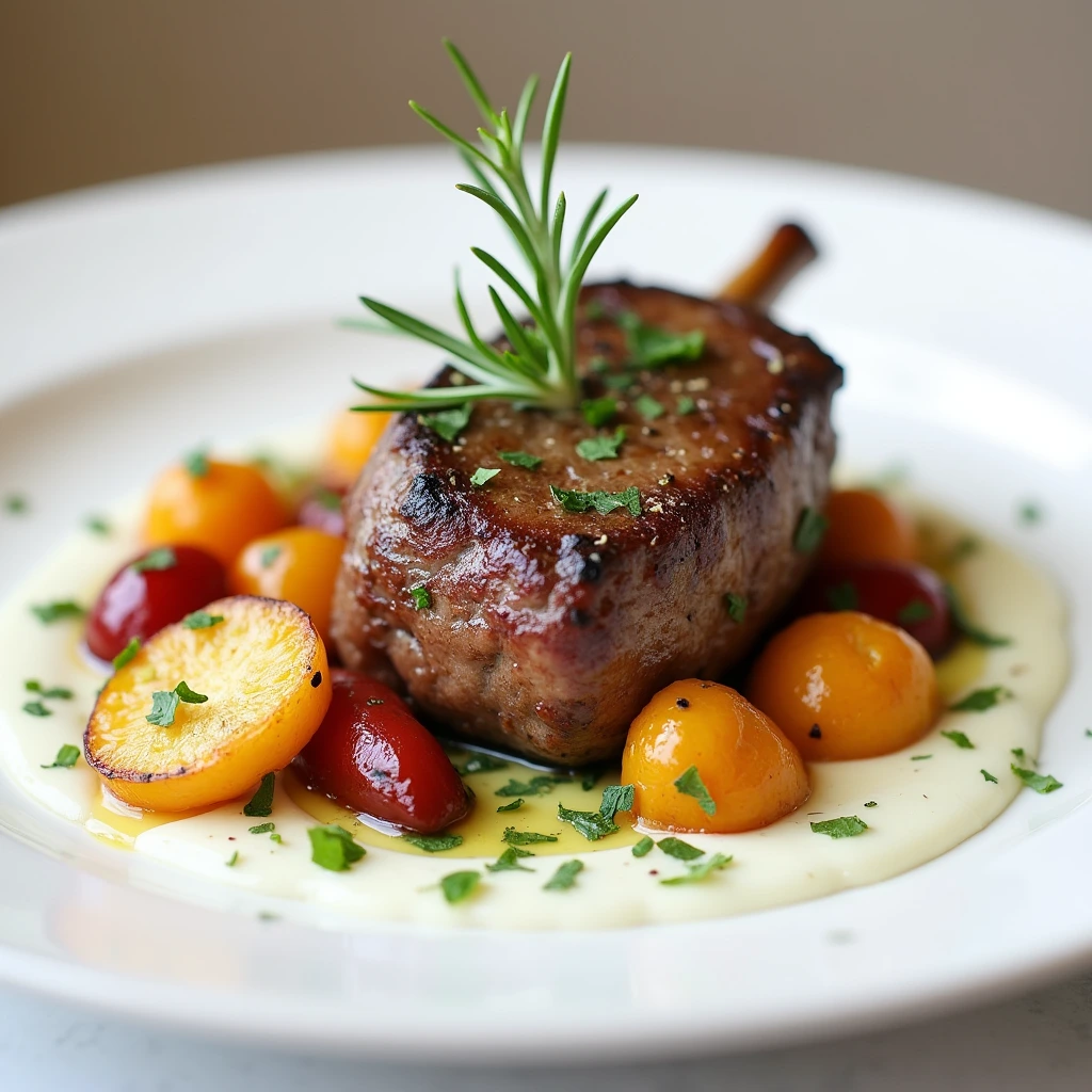 "A cozy dining table setup featuring lamb breast plate as the centerpiece, paired with mashed potatoes, a glass of red wine, and warm lighting."