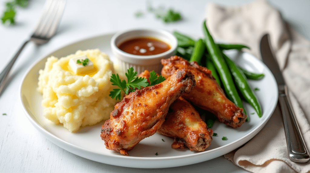  A plate of crispy turkey wings served with mashed potatoes, green beans, and a drizzle of gravy for a complete meal.