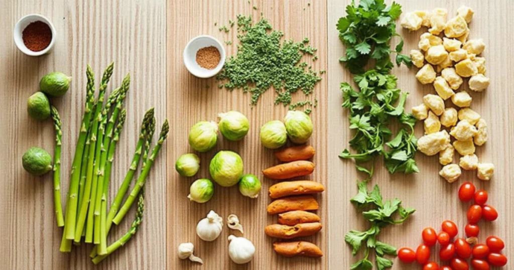 A variety of ingredients for customizing a Healthy Chicken and Vegetable Sheet Pan Dinner, including different vegetables like asparagus, Brussels sprouts, and sweet potatoes.