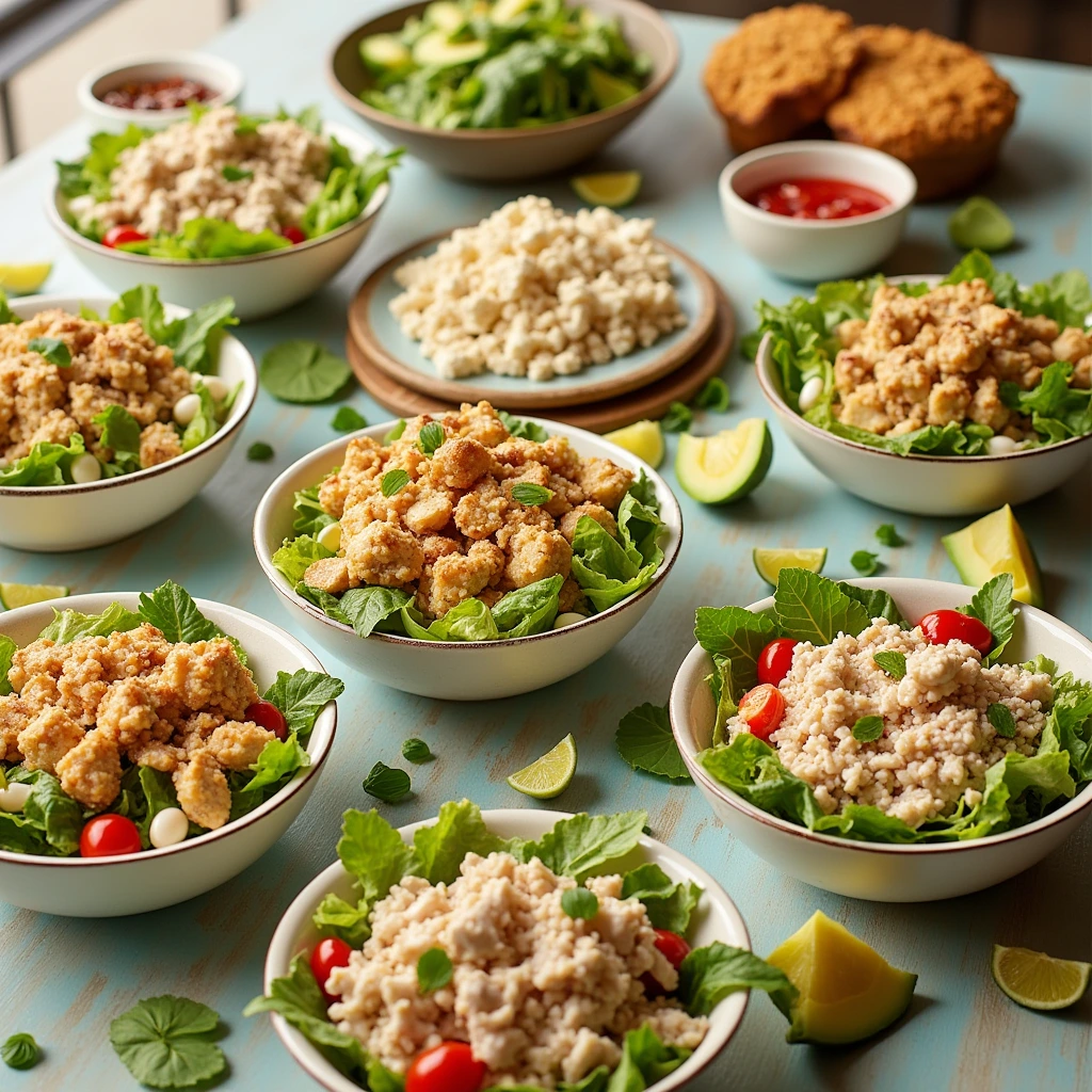 "A customizable chicken salad bowl with fresh toppings like avocado, nuts, and a variety of sides such as fruits and gluten-free options."