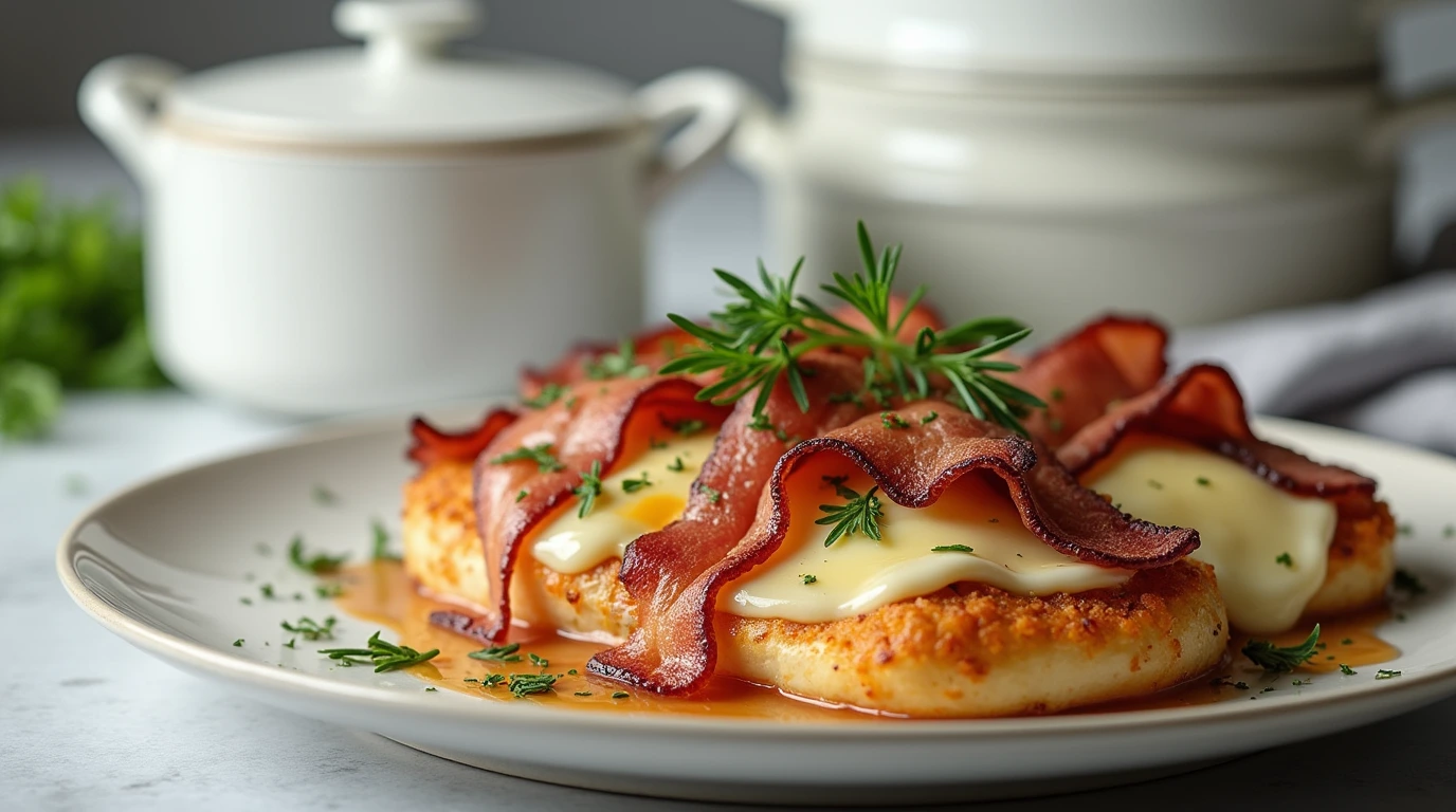 A beautifully plated Alice Springs Chicken topped with melted cheese, crispy bacon, and fresh herbs.