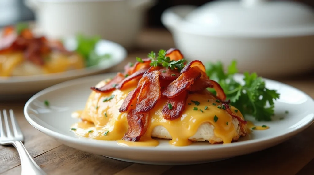 A hand drizzling honey mustard sauce over the perfectly cooked Alice Springs Chicken for extra flavor.
