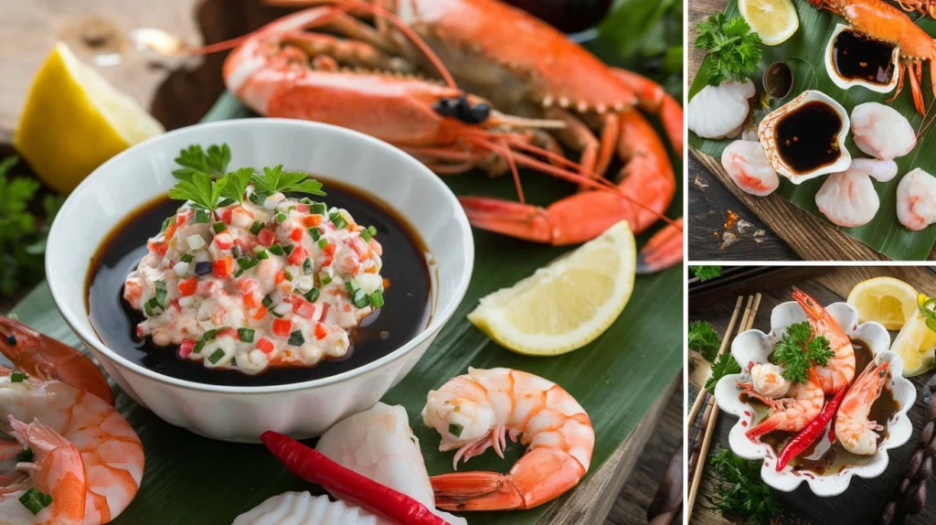  Drizzling a flavorful soy sauce-based seafood dressing over freshly grilled shrimp.