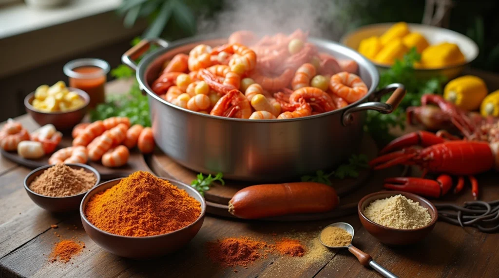 "Bowls of key ingredients like paprika, garlic powder, onion powder, Old Bay seasoning, and lemon pepper, arranged on a rustic table."