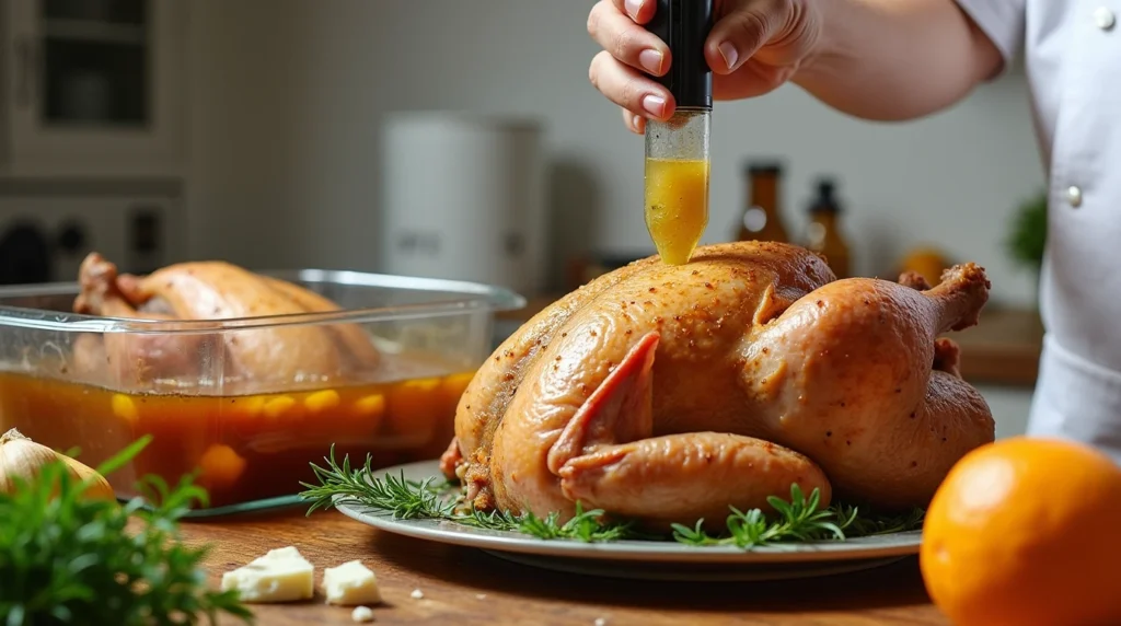 Close-up of a chef injecting turkey recipe with a homemade flavor-packed brine."