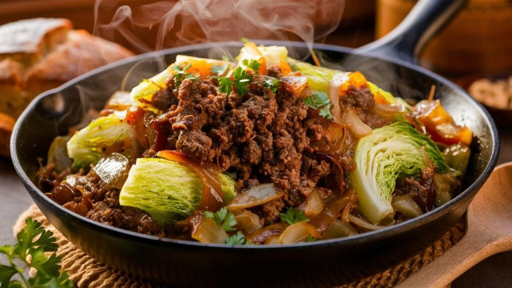 A flat lay of fresh ingredients, including ground beef, green cabbage, onions, garlic, and seasonings, arranged on a wooden countertop.