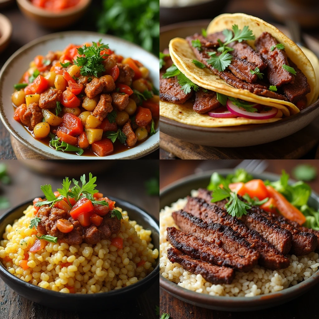 "Thin-sliced beef ready for cooking, surrounded by kitchen tools and fresh ingredients."