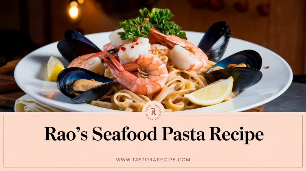 "A finished dish of Rao’s Seafood Pasta garnished with fresh herbs."