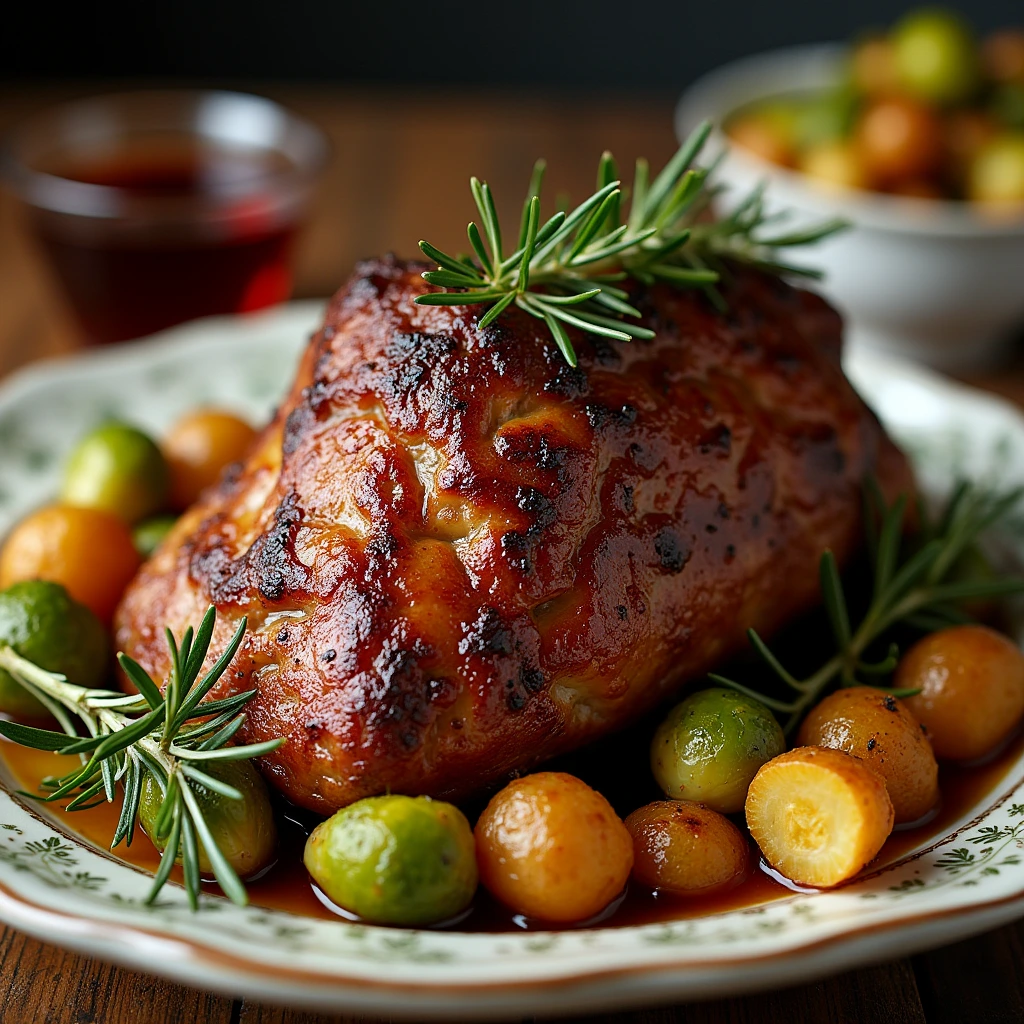 "A whole roasted lamb loin roast on a platter, with a golden-brown crispy crust, garnished with rosemary and thyme. Surrounding the lamb are roasted baby potatoes, Brussels sprouts, and a drizzle of red wine reduction sauce."