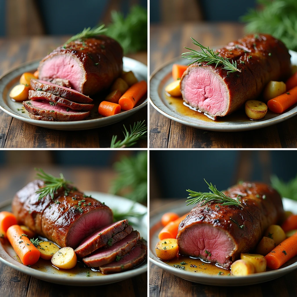 "A roasted lamb loin with a golden-brown crust served on a rustic wooden table, surrounded by roasted carrots, potatoes, and parsnips, garnished with rosemary."