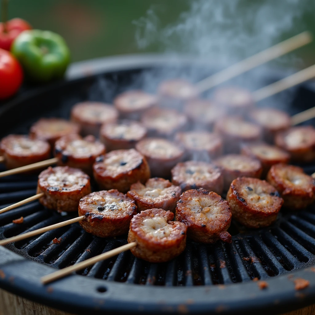 "Grilled ground lamb kebabs with vegetables, sizzling on the grill with smoke rising, capturing the essence of outdoor cooking."