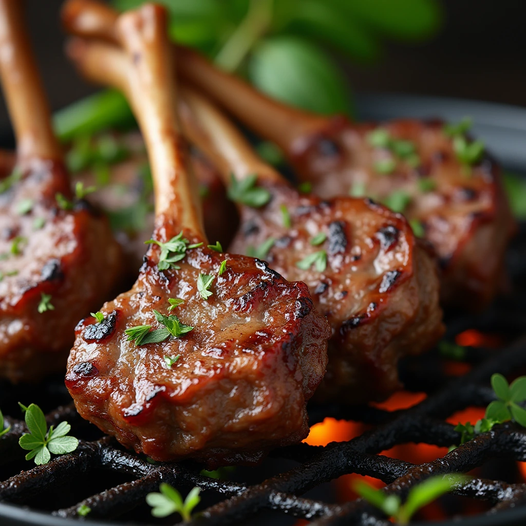  Close-up of lamb lollipops cooking on a smoky grill, with charred edges and fresh herbs placed on top for added flavor.