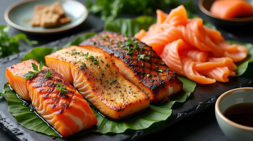 A seafood platter showcasing four king salmon dishes: grilled with lemon butter, pan-seared with garlic and herbs, smoked, and sushi sashimi slices.