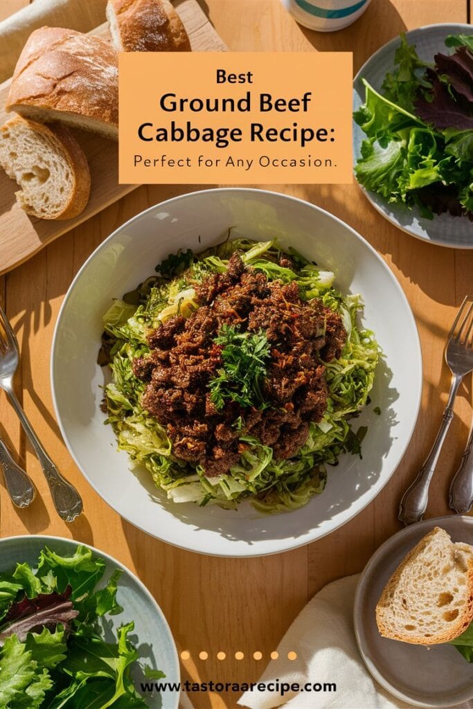 A bowl of ground beef and cabbage topped with parsley and served with a slice of crusty bread and lemon wedges on the side.