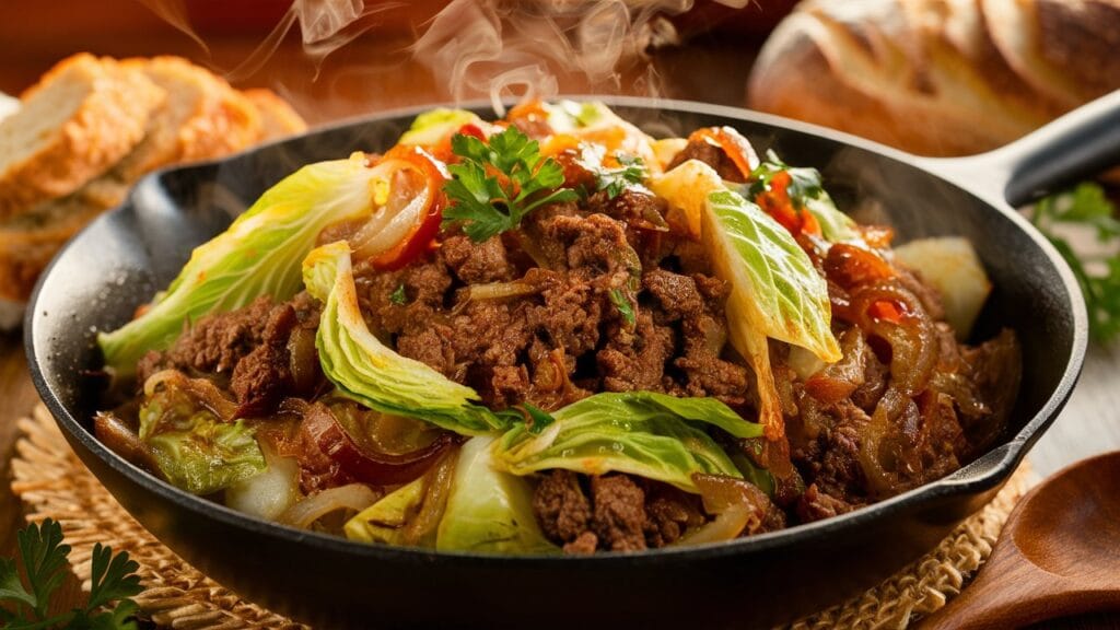 A dinner plate with ground beef and cabbage, served alongside mashed potatoes and a fresh green salad, on a rustic table setting.