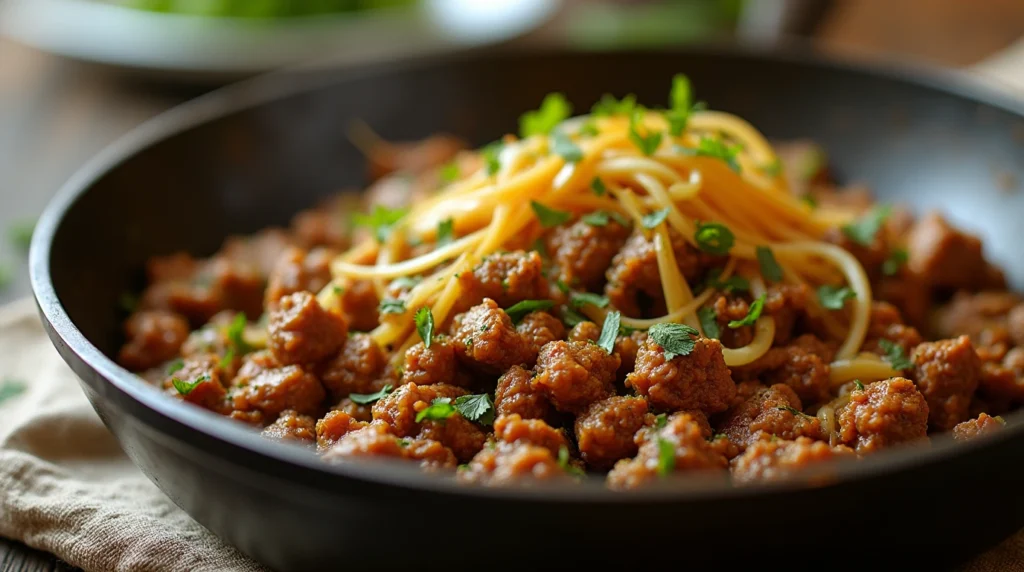 "A close-up of a skillet filled with ground beef and sautéed green cabbage, seasoned with spices and garnished with fresh herbs."