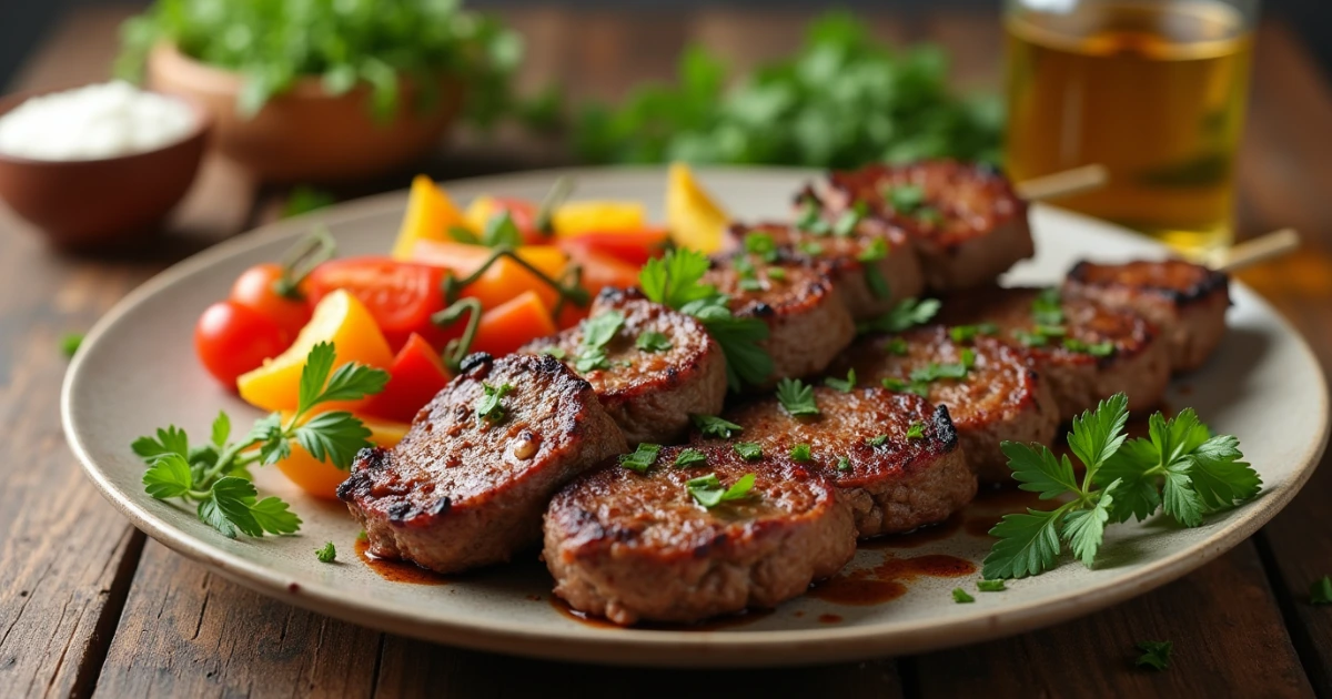 "Delicious ground lamb kebab served with grilled vegetables and fresh herbs, set on a rustic wooden table."