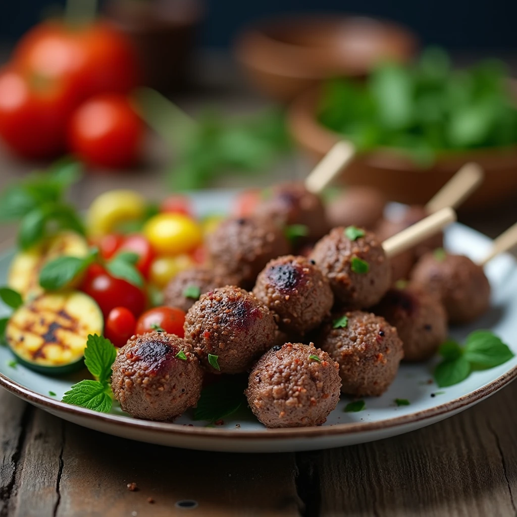 Delicious ground lamb meatballs drizzled with tangy tomato sauce, served with a side of fresh salad."