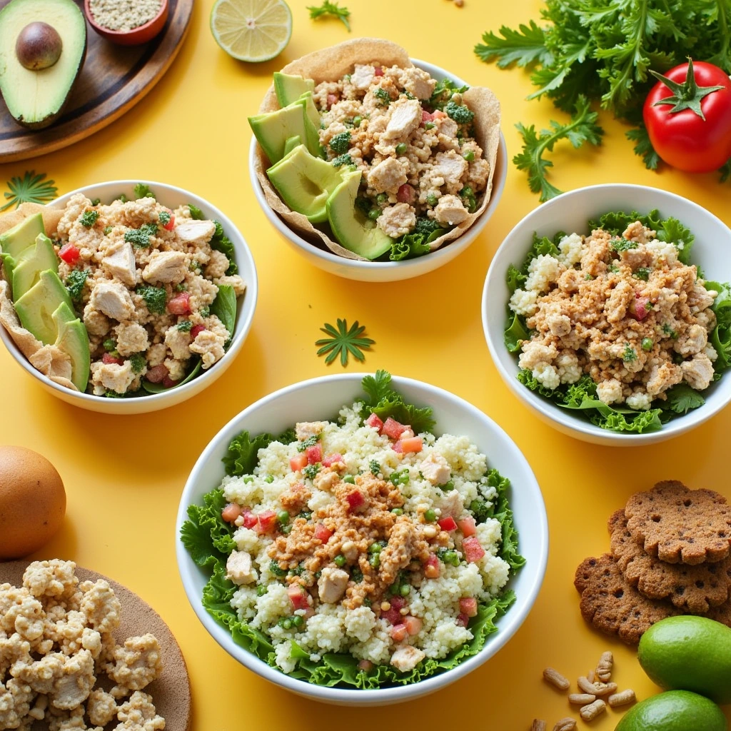 "Low-calorie, gluten-free, and keto-friendly chicken salad bowls with fresh vegetables, avocado, and healthy fats."