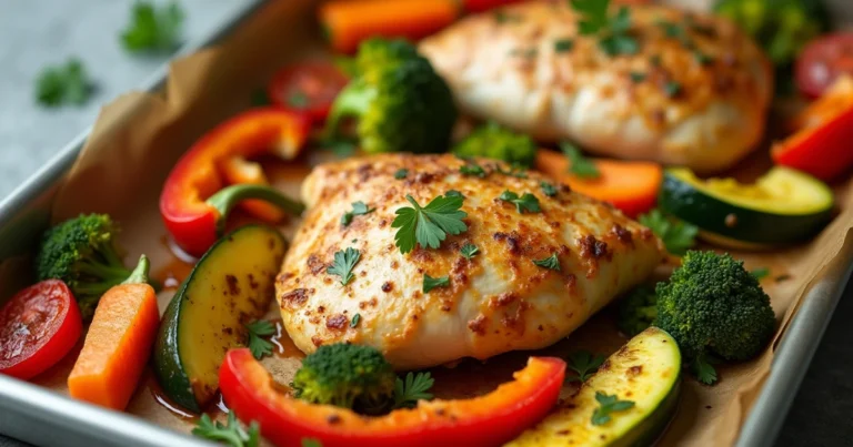 A delicious and nutritious Healthy Chicken and Vegetable Sheet Pan Dinner, featuring lean chicken breast, colorful bell peppers, zucchini, and broccoli.