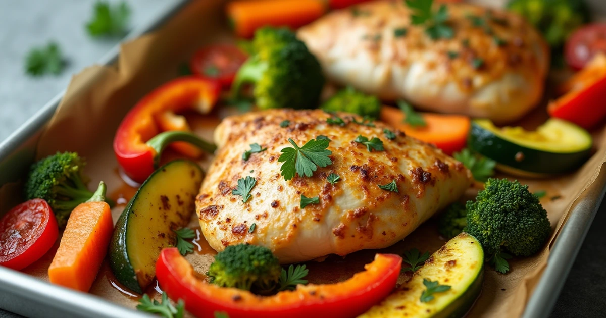 A delicious and nutritious Healthy Chicken and Vegetable Sheet Pan Dinner, featuring lean chicken breast, colorful bell peppers, zucchini, and broccoli.