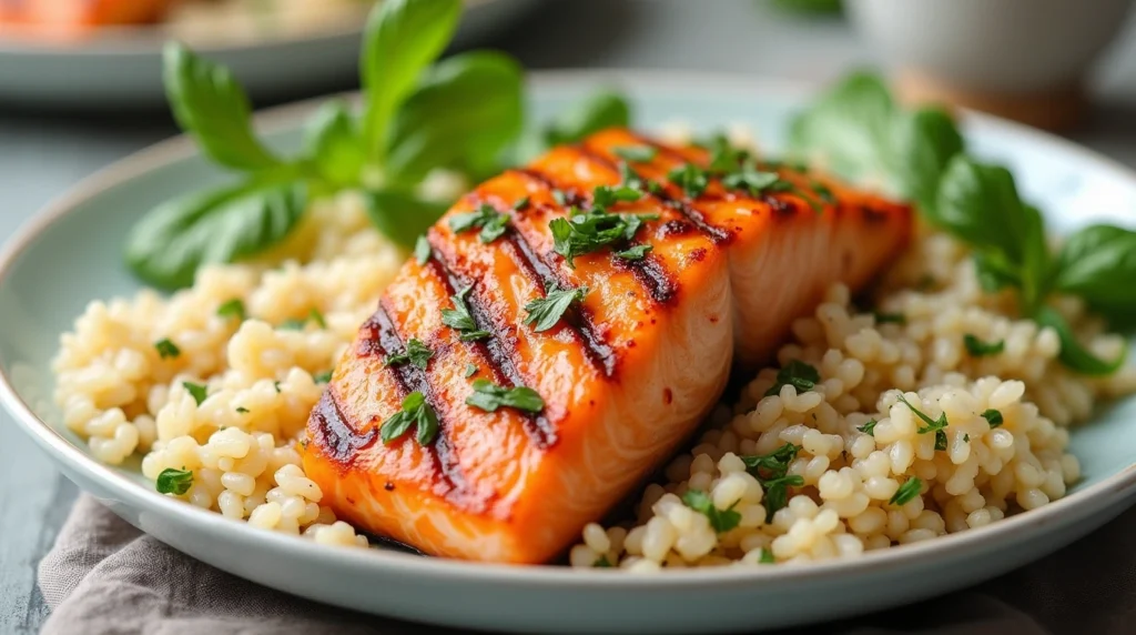 A healthy meal featuring brown rice and grilled salmon, garnished with herbs and vegetables for a nutritious dish.