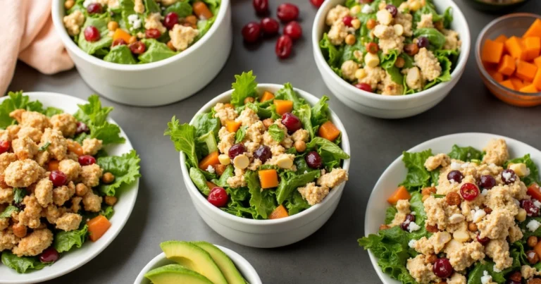 "A selection of chicken salad bowls from Chicken Salad Chick, featuring classic, specialty, and keto-friendly options with fresh vegetables."