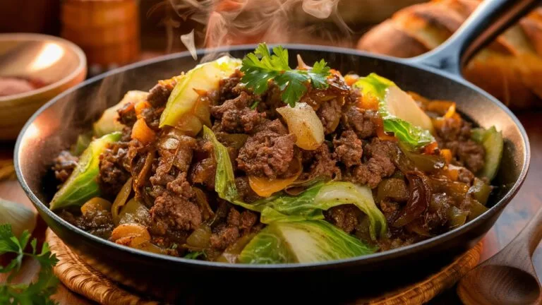 A close-up of a skillet filled with seasoned ground beef, sautéed green cabbage, and caramelized onions, garnished with fresh parsley.