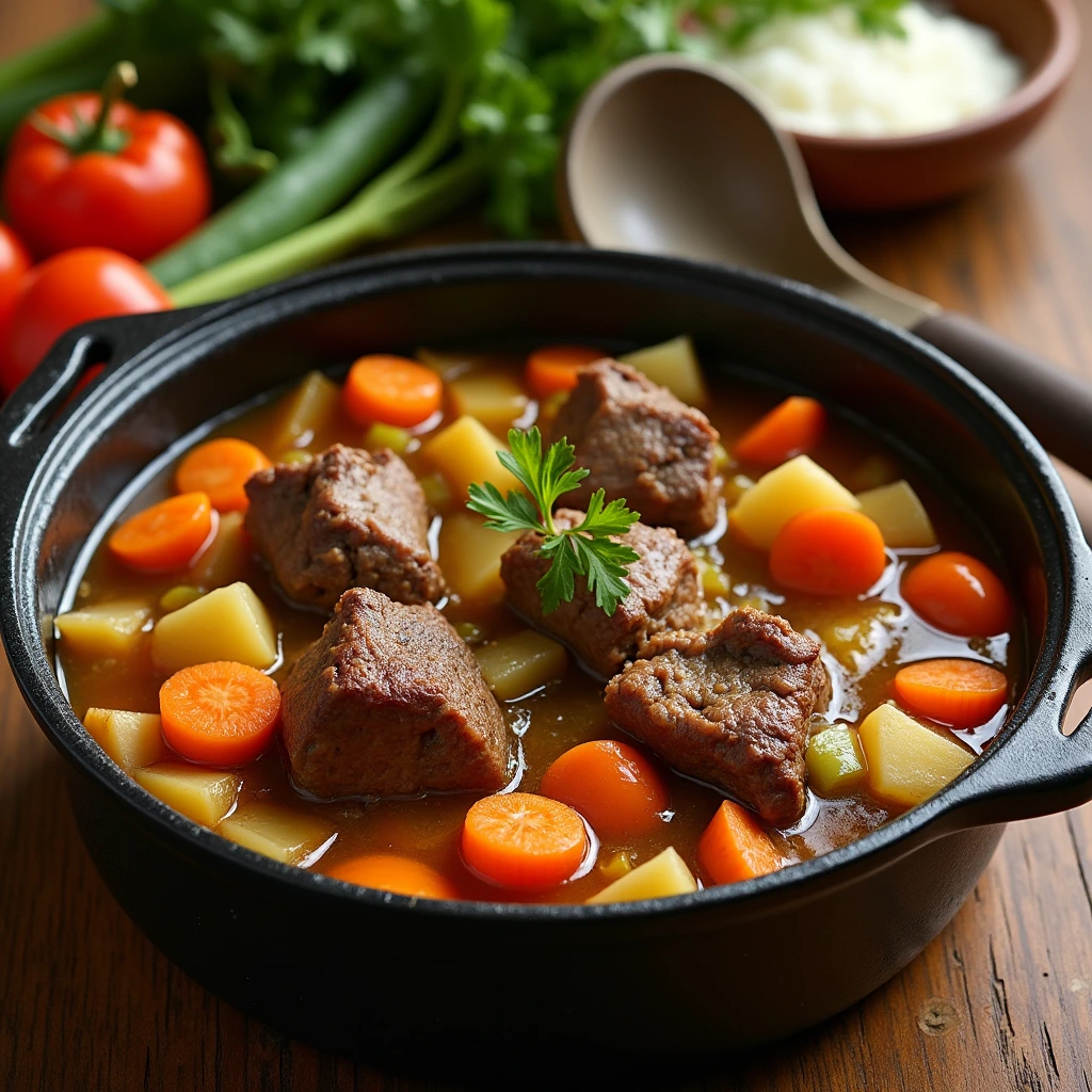 "A rich and savory lamb stew in a cast-iron pot, filled with tender lamb pieces, carrots, potatoes, celery, and a flavorful broth."