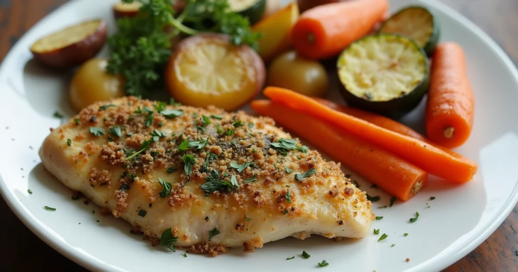 "A beautifully plated herb-crusted chicken breast served with roasted vegetables like carrots, zucchini, and potatoes, offering a wholesome and flavorful dinner."