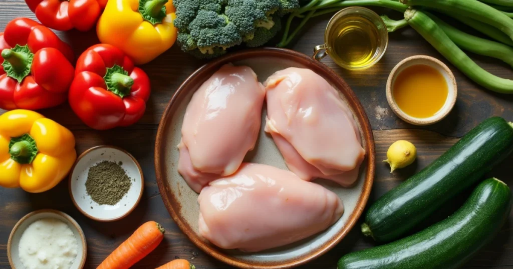 A collection of fresh ingredients for a Healthy Chicken and Vegetable Sheet Pan Dinner, including chicken breasts, bell peppers, zucchini, broccoli, and seasonings.