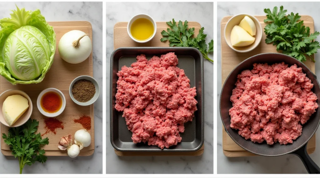 "A flat lay of fresh ingredients, including green cabbage, ground beef, onion, garlic, olive oil, and spices, ready for cooking."