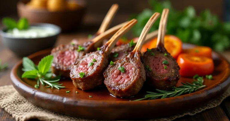 A delicious plate of juicy lamb lollipops Recipe served with roasted vegetables and a side of minty yogurt sauce, garnished with fresh rosemary and mint.