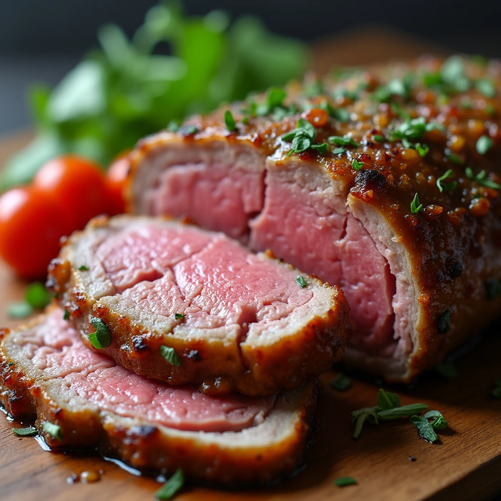 "Close-up of a juicy slice of roasted lamb breast, showcasing the tender meat and crispy skin."