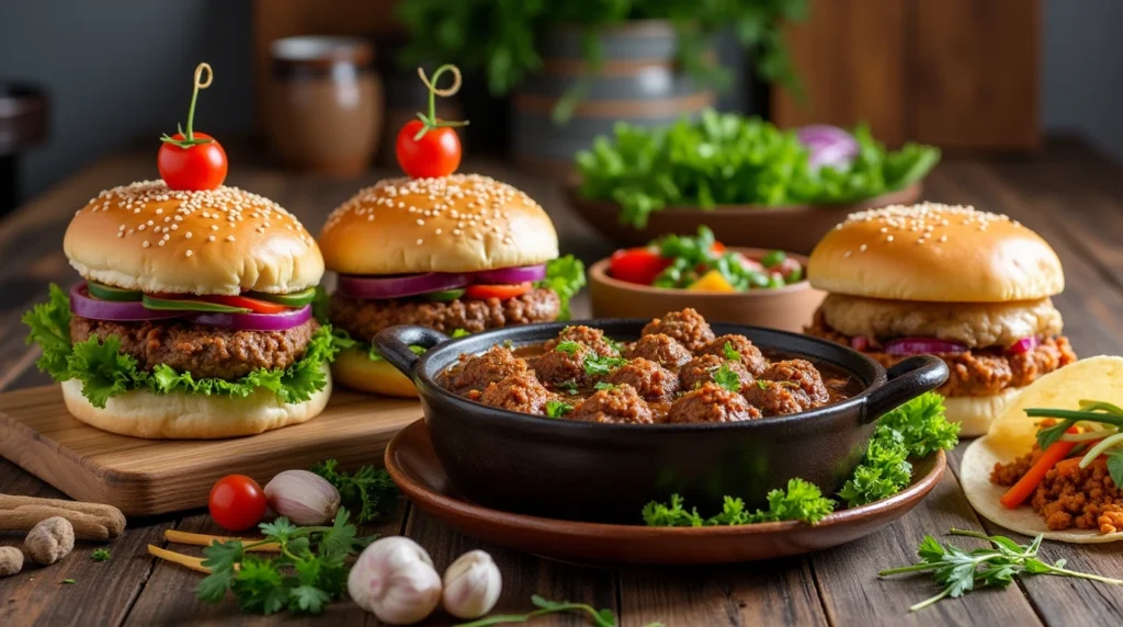 "Delicious lamb burgers served on a wooden platter, topped with lettuce, tomato, onions, and a sesame seed bun, surrounded by fresh ingredients."
