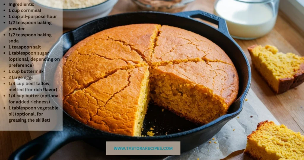 A close-up of the key ingredients for Southern cornbread: cornmeal, buttermilk, and beef tallow.