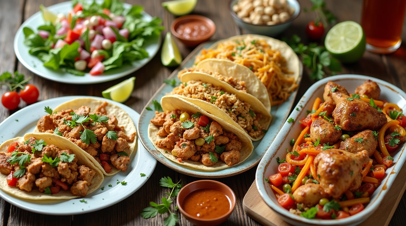 Two smiling children at a dining table enjoying colorful plates of meals made with leftover rotisserie chicken, including tacos, salad, and pasta.