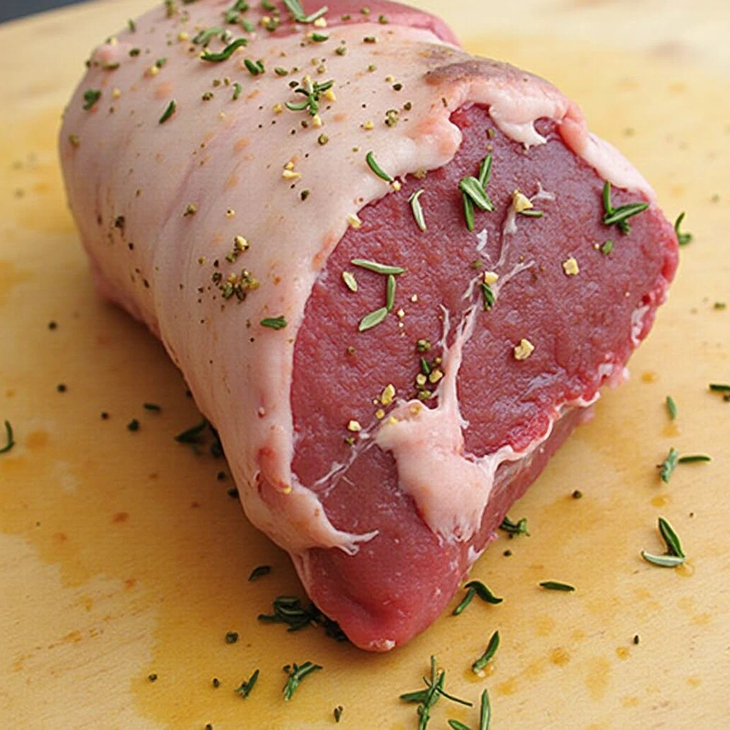 "Lamb loin roasting in an oven, developing a golden-brown crust with sprigs of rosemary and garlic cloves scattered around for added flavor."