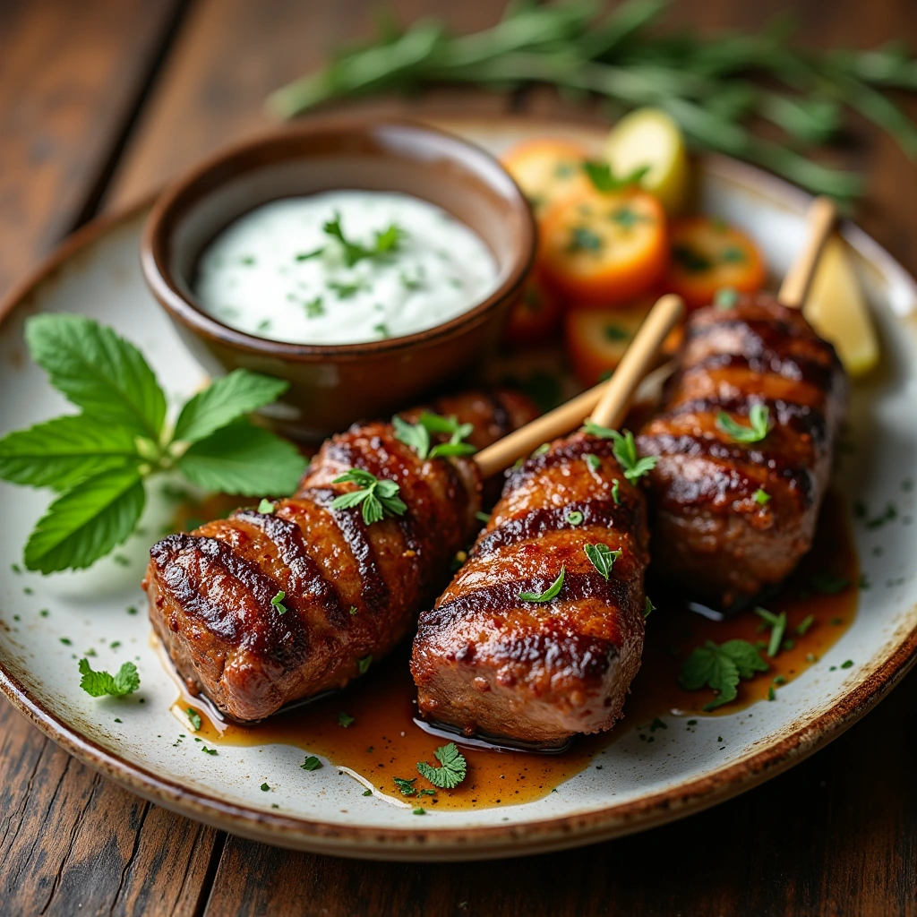 Juicy lamb lollipops recipes served with roasted carrots, zucchini, and a small bowl of minty yogurt sauce, garnished with rosemary and mint on a wooden plate.