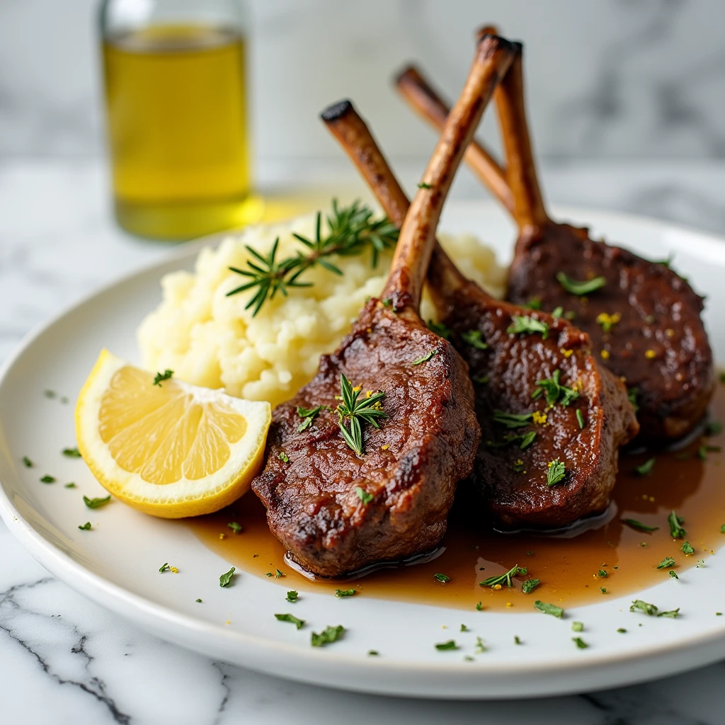  Lamb lollipops garnished with lemon zest and thyme, served with creamy mashed potatoes and a drizzle of rosemary-infused olive oil on a marble countertop.