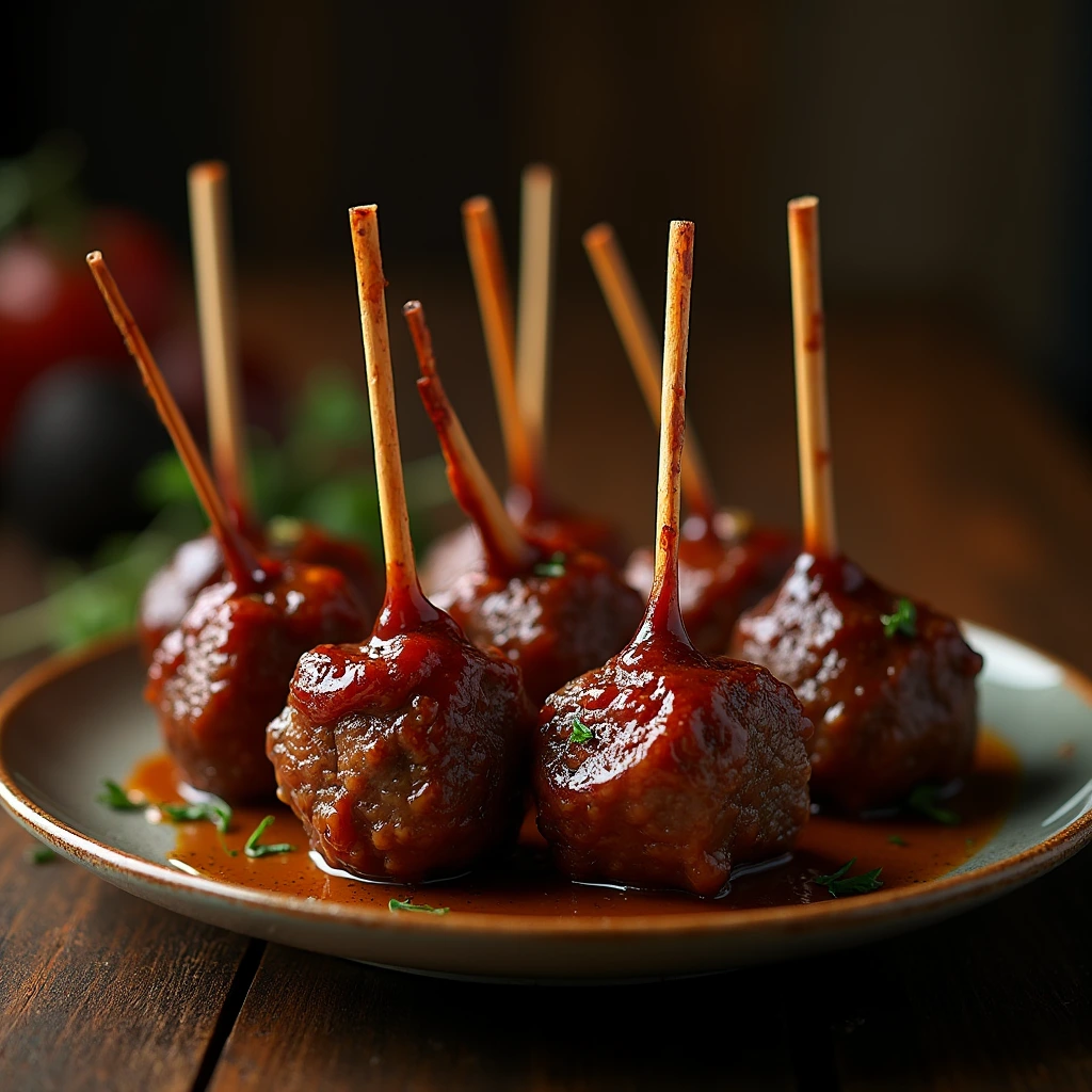  Elegant lamb lollipops arranged on a white platter, paired with a glass of red wine and fresh herbs, in a dimly lit, upscale dining setting.