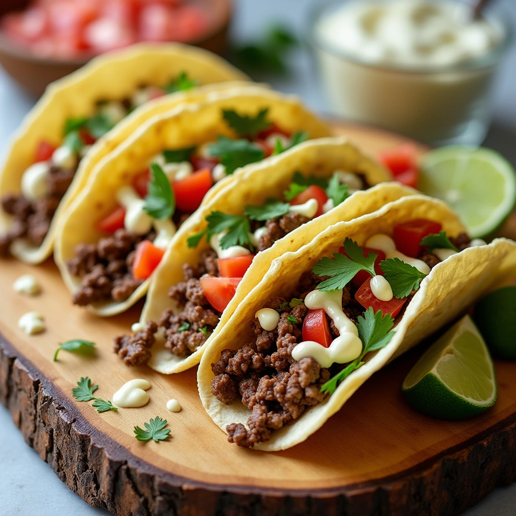 "Soft tortillas filled with spiced ground lamb, fresh vegetables, and a drizzle of creamy sauce, served on a wooden board."