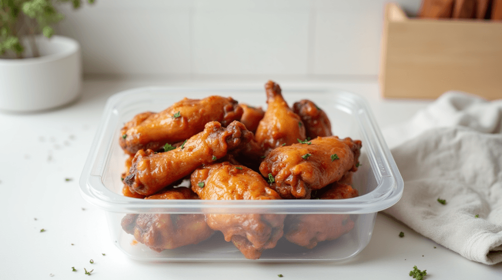 Leftover turkey wings neatly placed in an airtight container, ready for refrigeration or freezing.