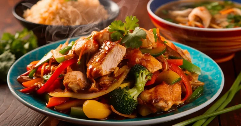 "A delicious stir-fry made from leftover rotisserie chicken recipes, soy sauce, vegetables like bell peppers and broccoli, and served with rice."