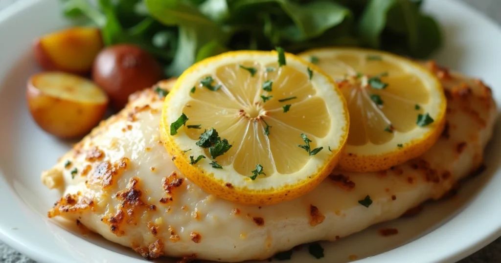 "A succulent lemon garlic baked chicken breast served with a side of fresh greens and roasted potatoes, embodying a light and flavorful dinner option."