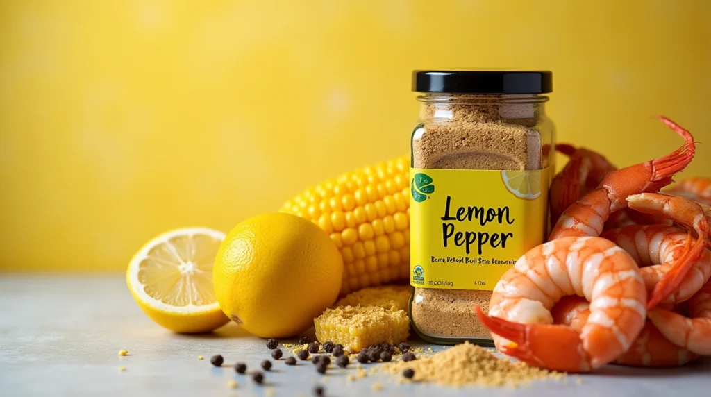 "A vibrant lemon pepper seasoning jar surrounded by fresh lemons, cracked black pepper, shrimp, crab legs, and bright yellow corn."