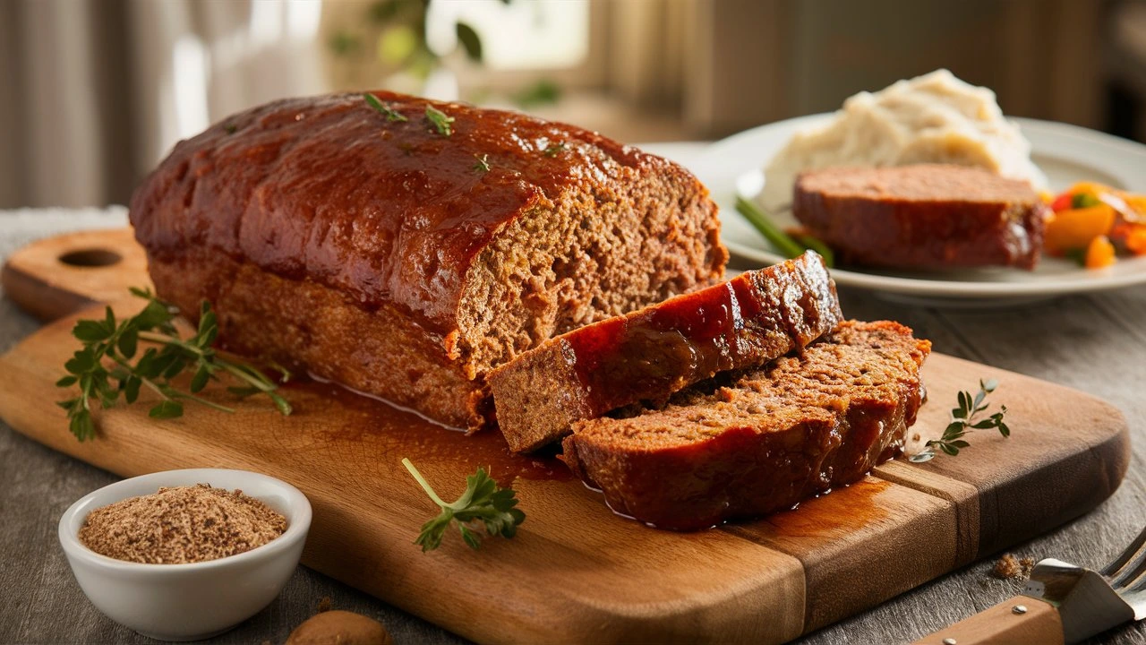 A close-up of a perfectly baked meatloaf with a crispy, golden-brown crust, made with Lipton Onion Soup Mix for added flavor.