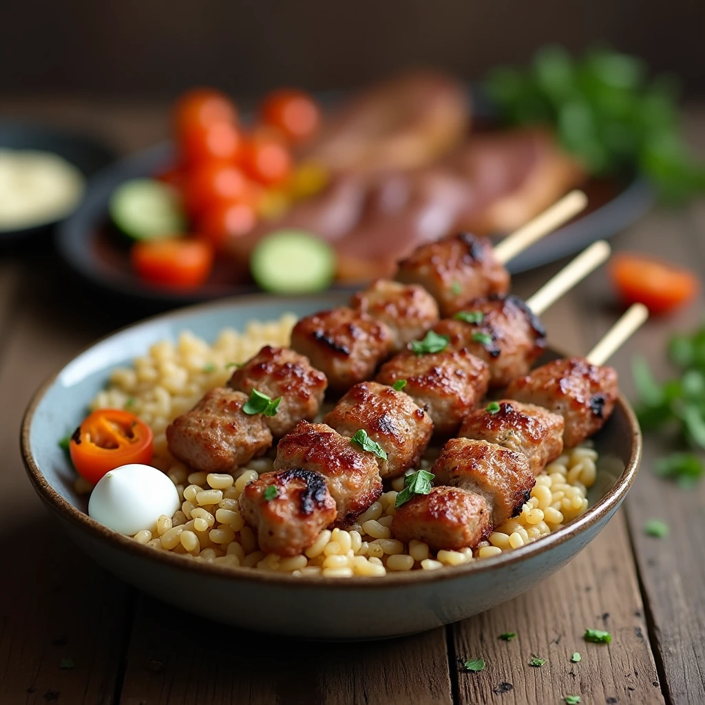 "A vibrant Mediterranean ground lamb bowl with rice, grilled vegetables, and yogurt, garnished with fresh mint and parsley."