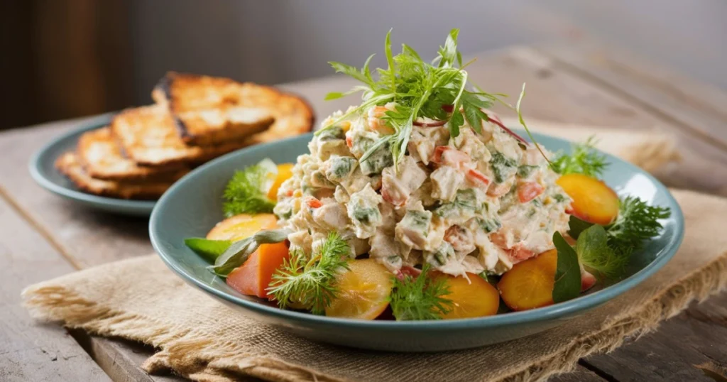  A person mixing chicken salad in a large bowl with ingredients like chicken, mayo, and vegetables.